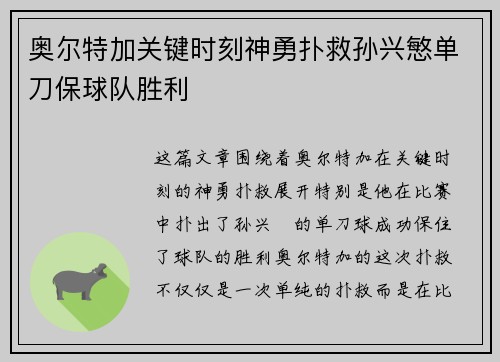 奥尔特加关键时刻神勇扑救孙兴慜单刀保球队胜利