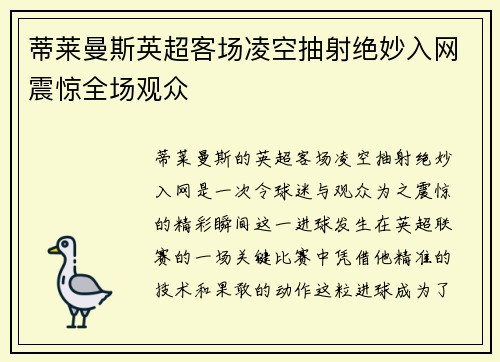 蒂莱曼斯英超客场凌空抽射绝妙入网震惊全场观众 蒂莱曼斯英超客场凌空抽射绝妙入网震惊全场观众